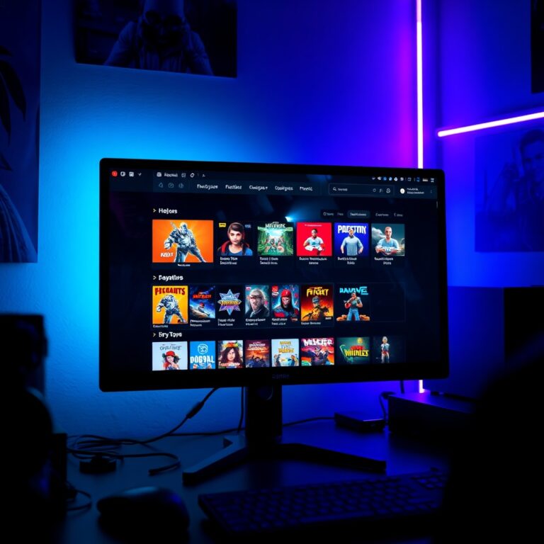 A digital storefront interface glowing on a computer monitor in a dimly lit room, featuring game icons and colorful banners, high resolution, cinematic gaming setup, neon blue and purple ambient lighting, sharp focus on the screen, professional photography style.