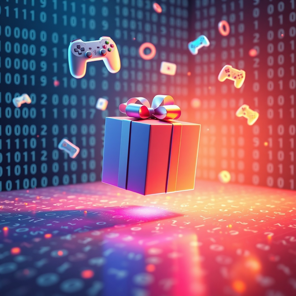 epic - An artistic representation of a mystery gift box floating in a digital space, surrounded by binary code and floating g