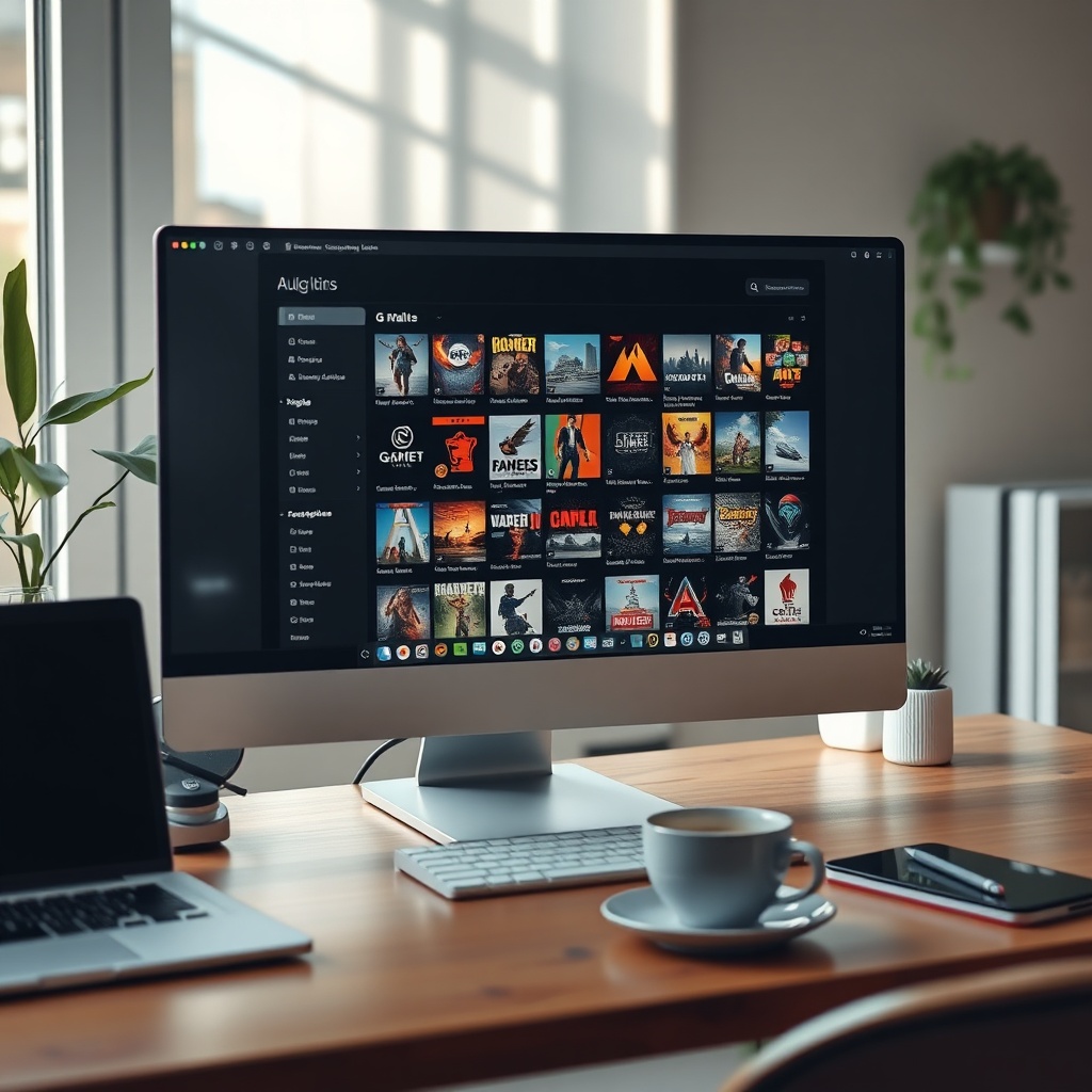 epic - A clean, organized computer desktop screen showing a well-sorted game library, minimalist icons, soft natural lighting