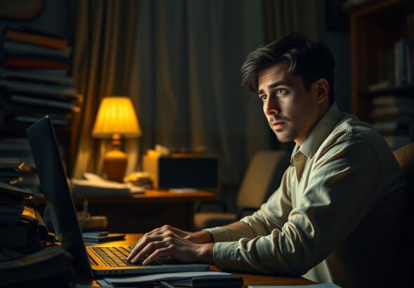 A person sitting at a cluttered wooden desk looking at a laptop screen with a confused and concerned expression, dim warm lighting, home office setting, cinematic depth of field, high resolution, realistic style.