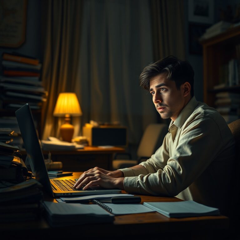 A person sitting at a cluttered wooden desk looking at a laptop screen with a confused and concerned expression, dim warm lighting, home office setting, cinematic depth of field, high resolution, realistic style.