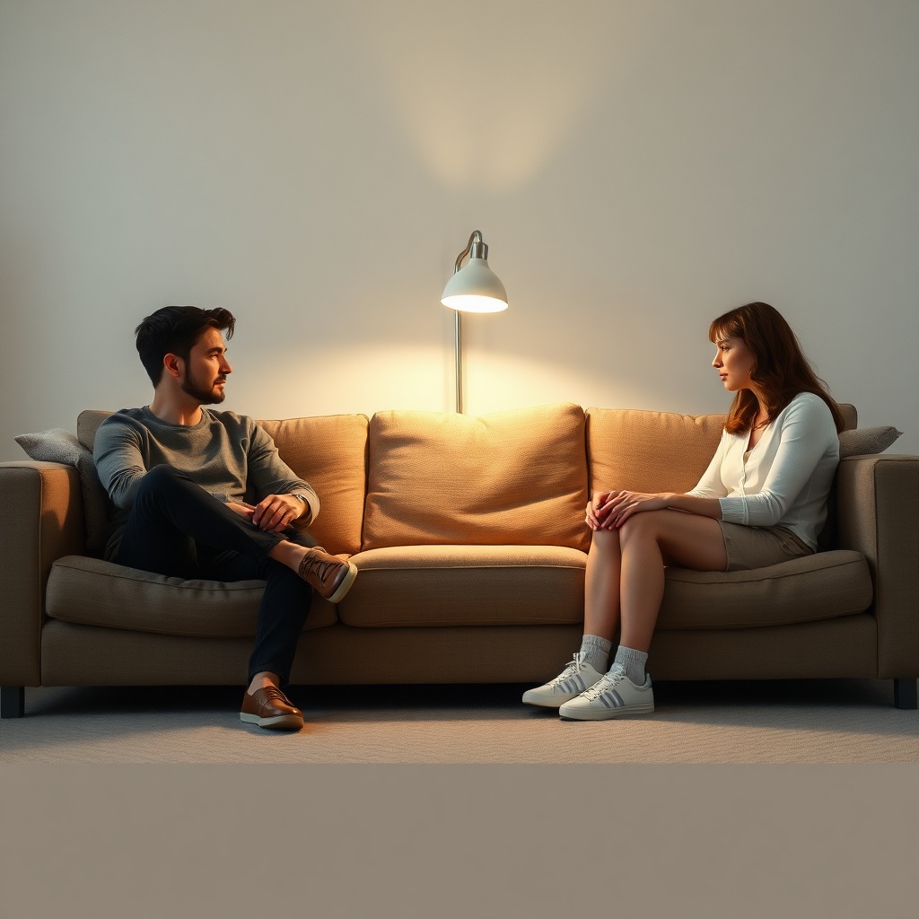 accidentally - Two people sitting on opposite ends of a comfortable living room sofa, tense body language, soft ambient light