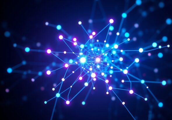 a sleek, futuristic abstract representation of artificial intelligence, glowing neural network nodes connected by lines of light in a dark blue and violet digital environment, high-tech aesthetic, cinematic lighting, ultra-realistic, 8k resolution