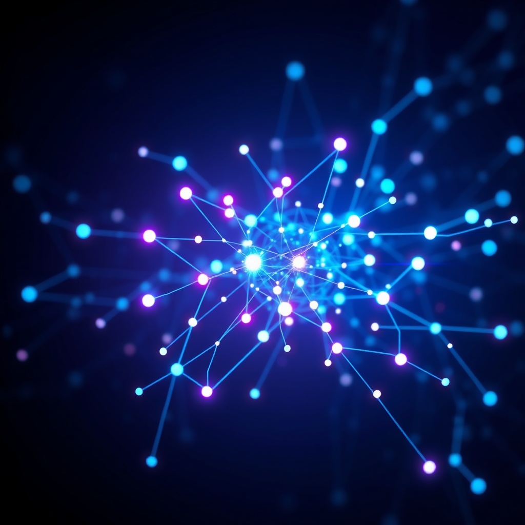 a sleek, futuristic abstract representation of artificial intelligence, glowing neural network nodes connected by lines of light in a dark blue and violet digital environment, high-tech aesthetic, cinematic lighting, ultra-realistic, 8k resolution