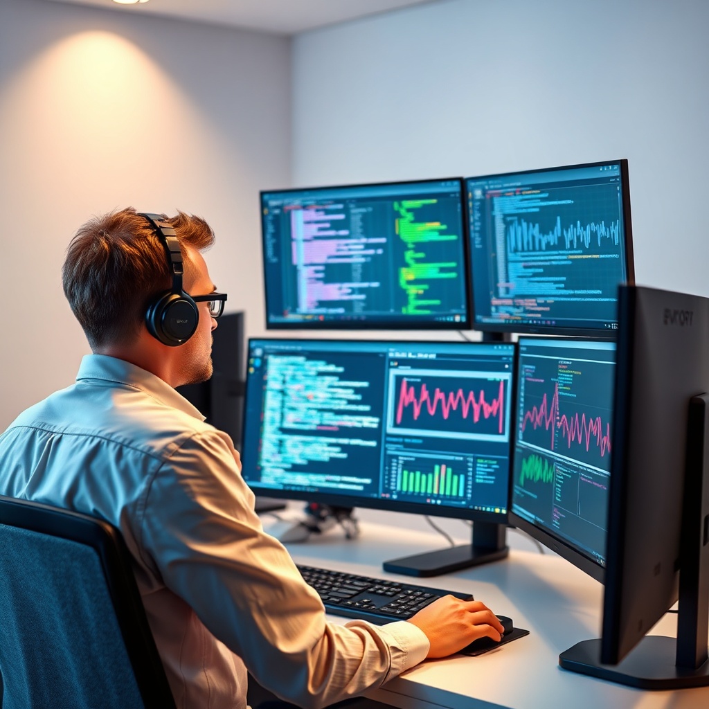 openais - a professional software developer working on a multi-monitor workstation, displaying complex code structures and da