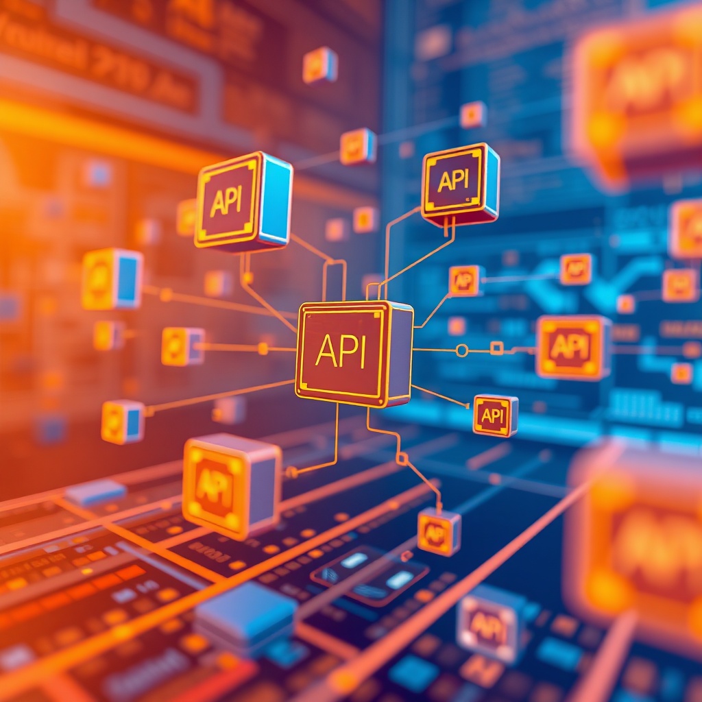 openais - a conceptual art piece showing a digital interface with floating modular blocks representing API connections and da
