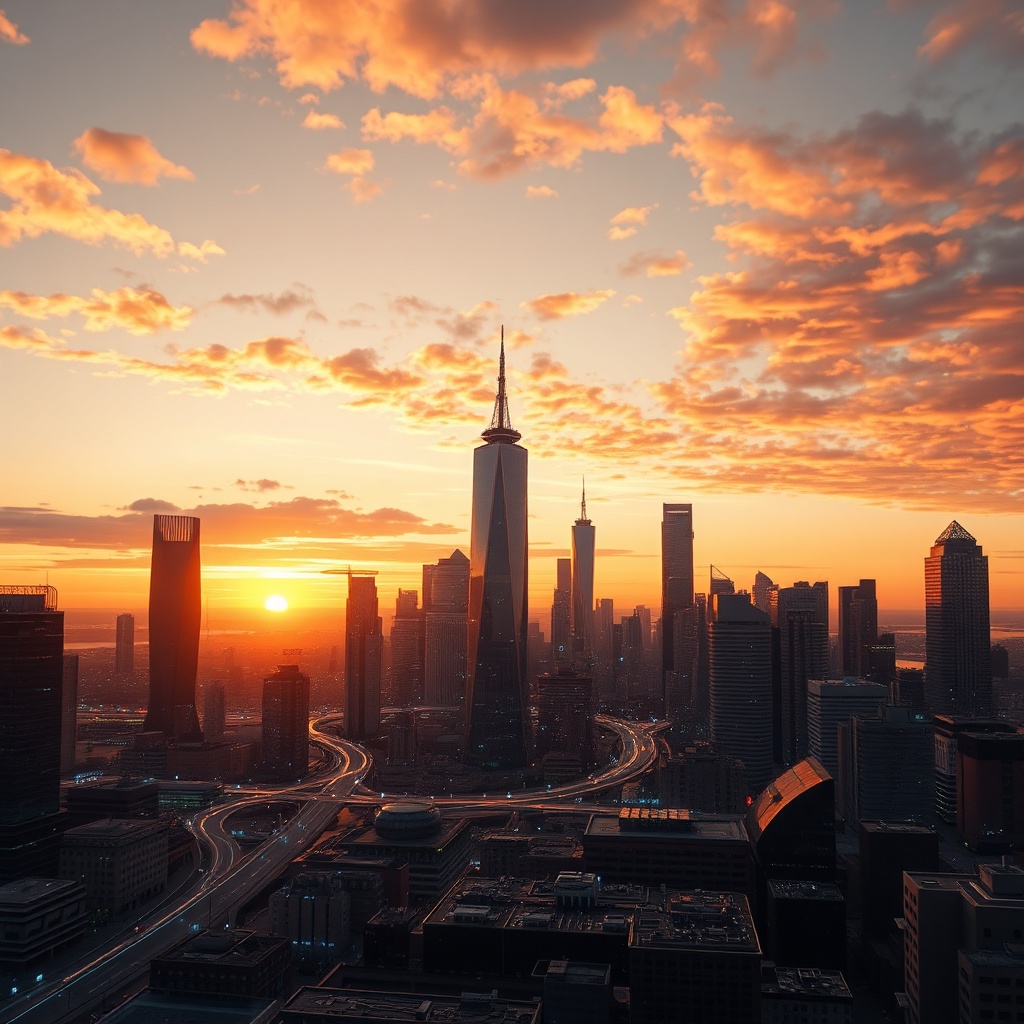 openais - a futuristic city skyline at sunset with holographic elements and glowing data paths, serene and innovative atmosph