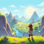 a vibrant indie video game landscape featuring a stylized character standing on a grassy hill overlooking a colorful, hand-drawn fantasy world with a bright sun, high quality digital art style, inviting and adventurous atmosphere, 4k resolution
