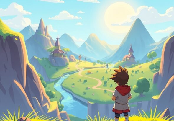 a vibrant indie video game landscape featuring a stylized character standing on a grassy hill overlooking a colorful, hand-drawn fantasy world with a bright sun, high quality digital art style, inviting and adventurous atmosphere, 4k resolution