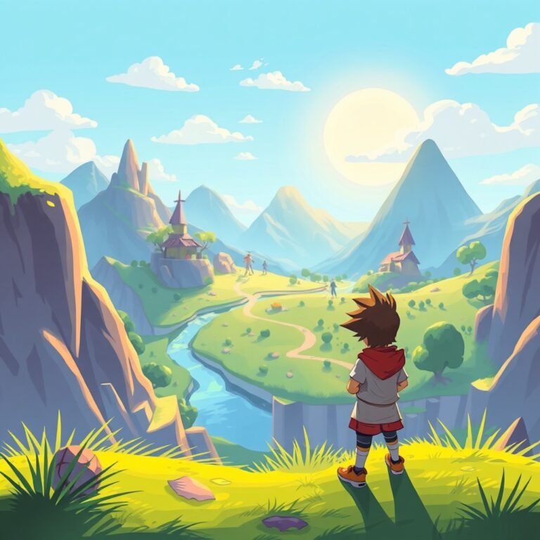 a vibrant indie video game landscape featuring a stylized character standing on a grassy hill overlooking a colorful, hand-drawn fantasy world with a bright sun, high quality digital art style, inviting and adventurous atmosphere, 4k resolution