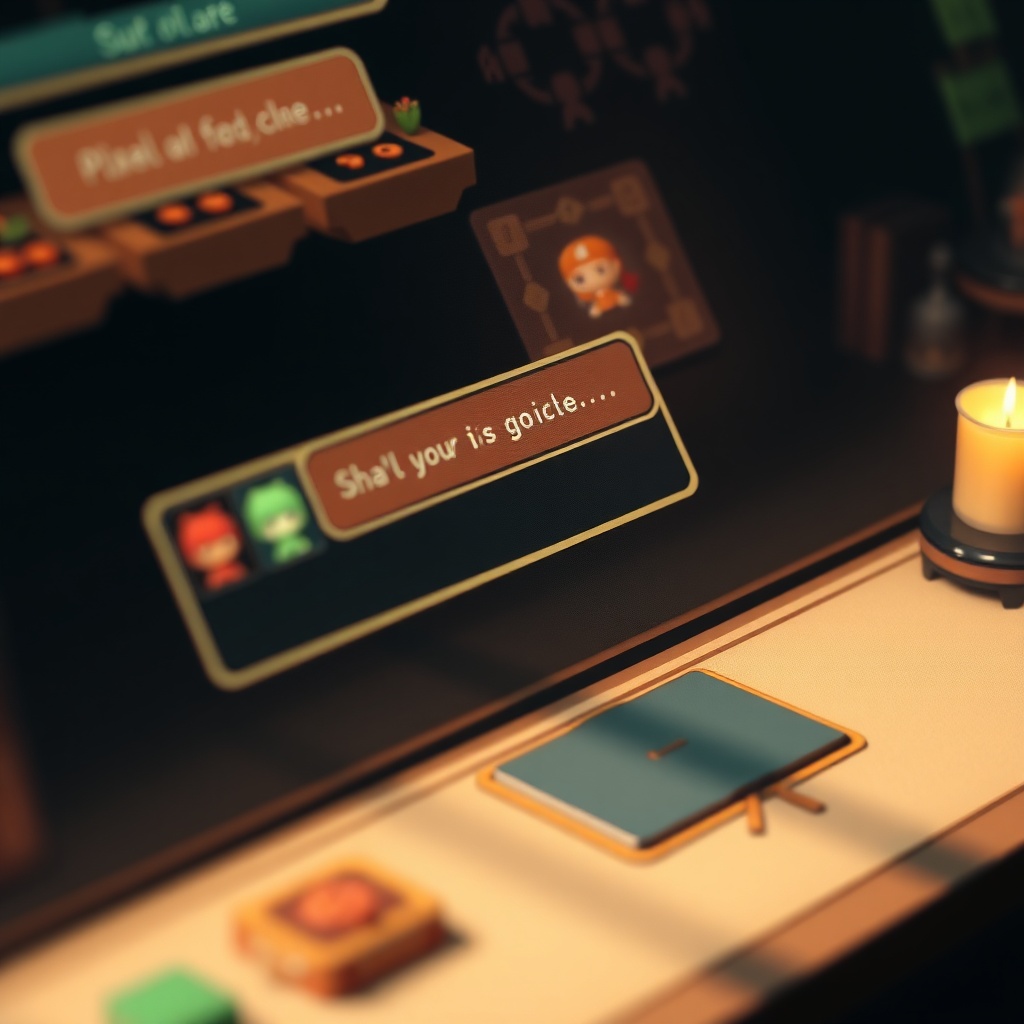 critically - a close-up shot of a game interface showing intricate pixel art character sprites and a dialogue box, warm color