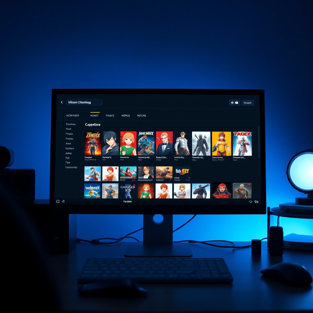 critically - a clean and modern computer screen displaying a digital game store library interface, organized icons of various