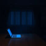 A quiet, dimly lit living room at night with a single laptop open on a wooden table, casting a soft blue glow on an empty chair, moody atmosphere, cinematic lighting, high resolution, photorealistic style.