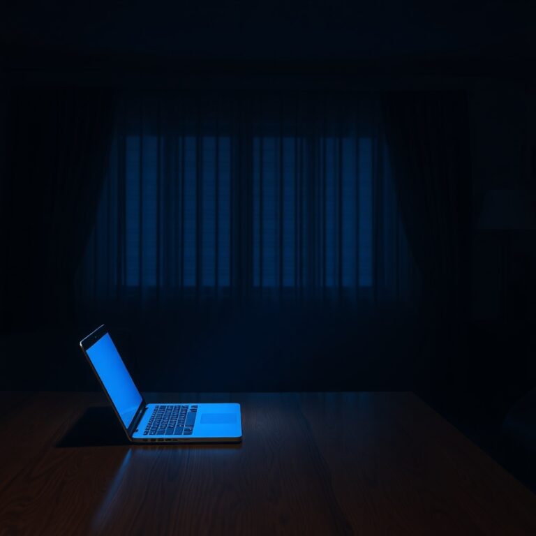 A quiet, dimly lit living room at night with a single laptop open on a wooden table, casting a soft blue glow on an empty chair, moody atmosphere, cinematic lighting, high resolution, photorealistic style.