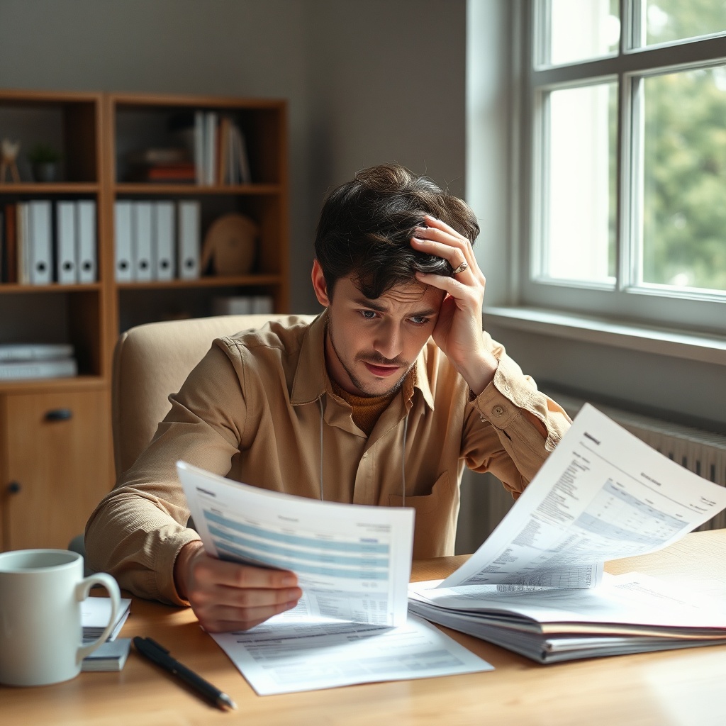 found - A person sitting at a desk looking at financial documents and bank statements with a confused and hurt expression, so
