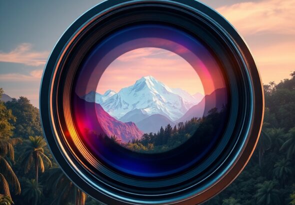 A cinematic, high-definition digital render showing a futuristic camera lens reflecting a vibrant, hyper-realistic landscape of a snowy mountain range transitioning into a lush tropical forest, professional studio lighting, 8k resolution, sleek tech aesthetic.