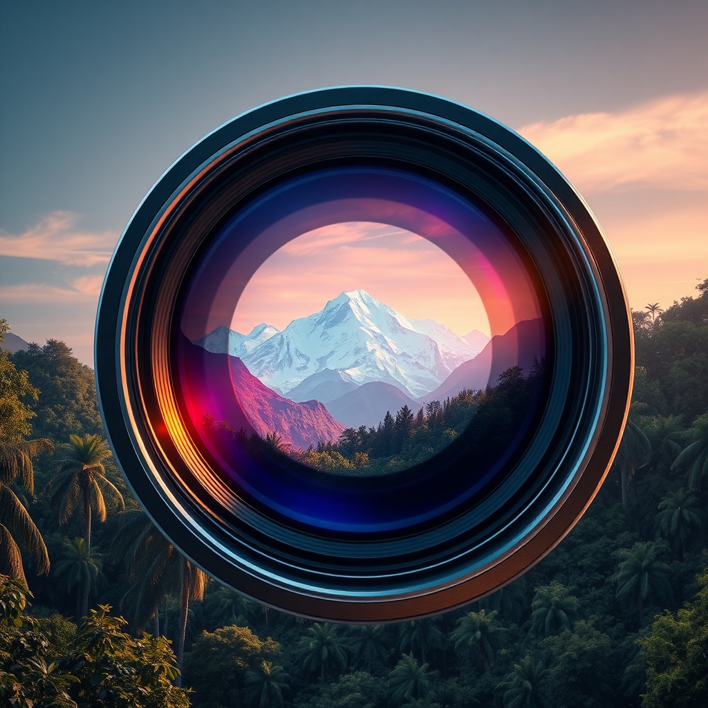 A cinematic, high-definition digital render showing a futuristic camera lens reflecting a vibrant, hyper-realistic landscape of a snowy mountain range transitioning into a lush tropical forest, professional studio lighting, 8k resolution, sleek tech aesthetic.