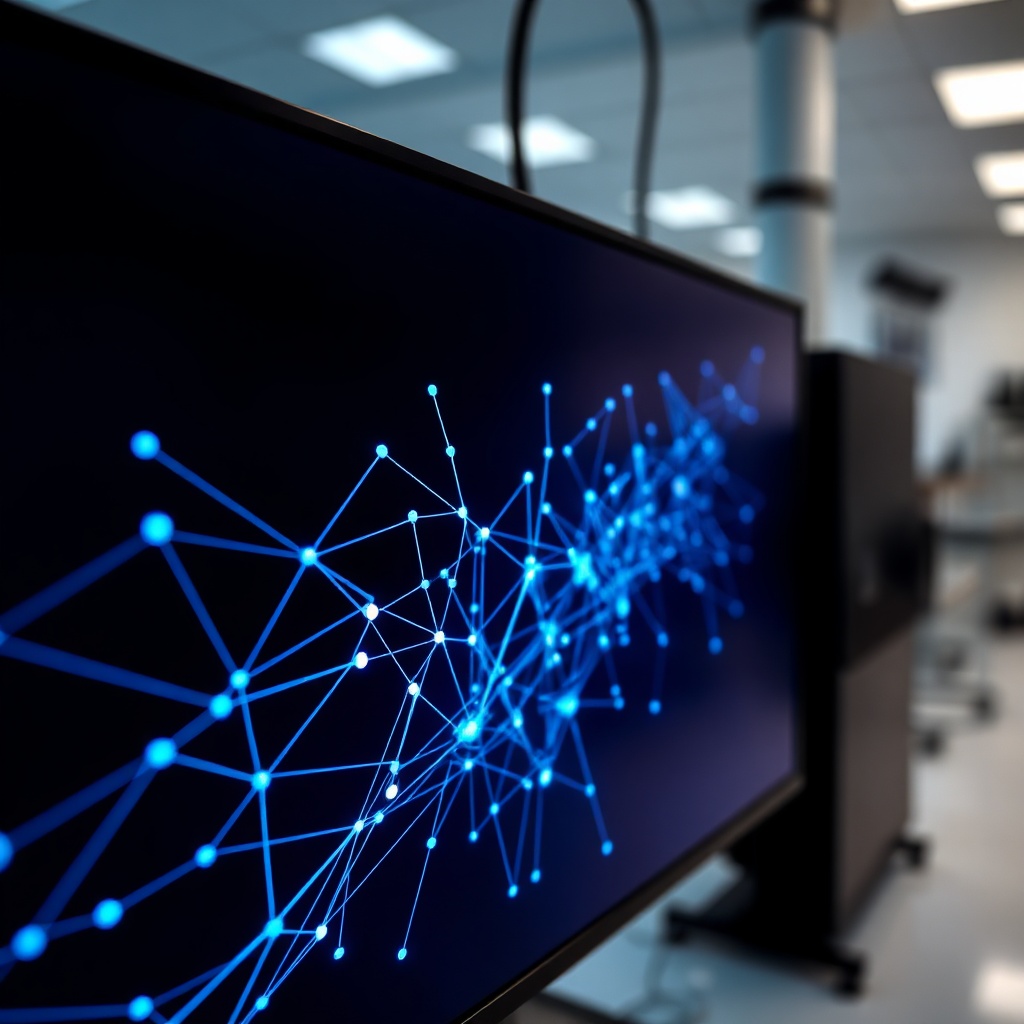openai - A close-up shot of a sophisticated neural network interface displayed on a dark screen, glowing blue and violet line