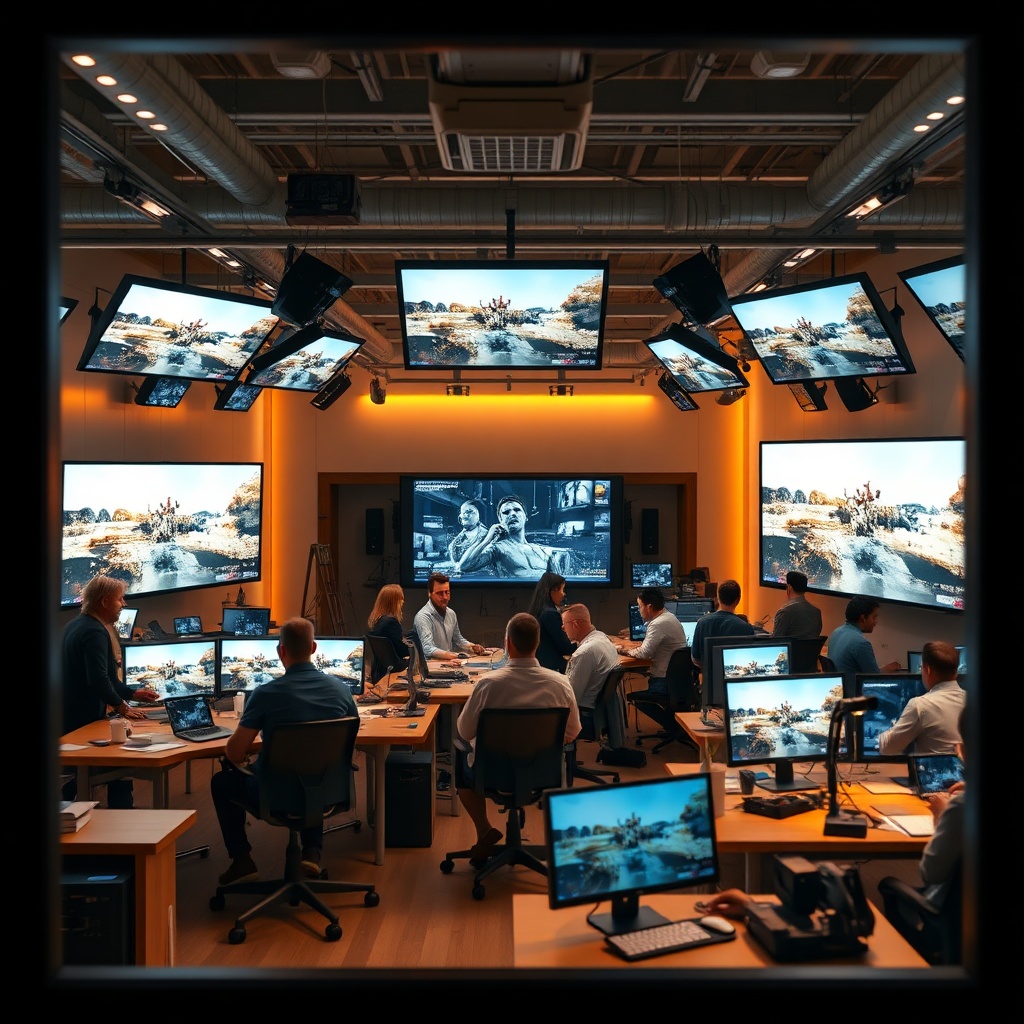 openai - A bustling, futuristic film production studio where digital screens are displaying AI-generated video clips, a diver