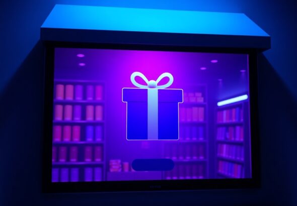 A digital storefront interface glowing on a dark screen, featuring a mysterious wrapped gift box icon with epic lighting, high contrast, cinematic blue and purple color palette, 4k resolution, clean modern aesthetic.