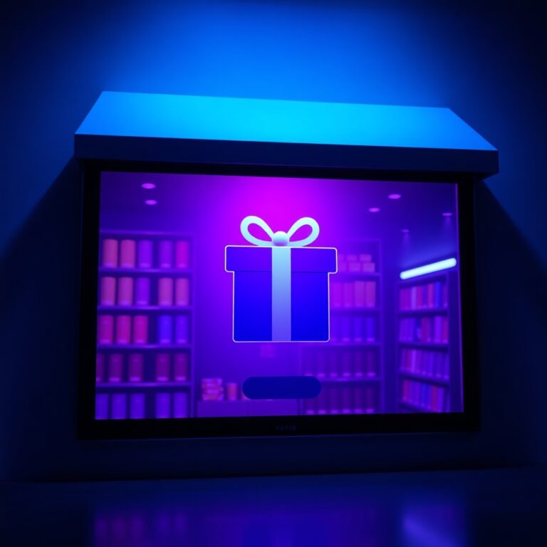 A digital storefront interface glowing on a dark screen, featuring a mysterious wrapped gift box icon with epic lighting, high contrast, cinematic blue and purple color palette, 4k resolution, clean modern aesthetic.