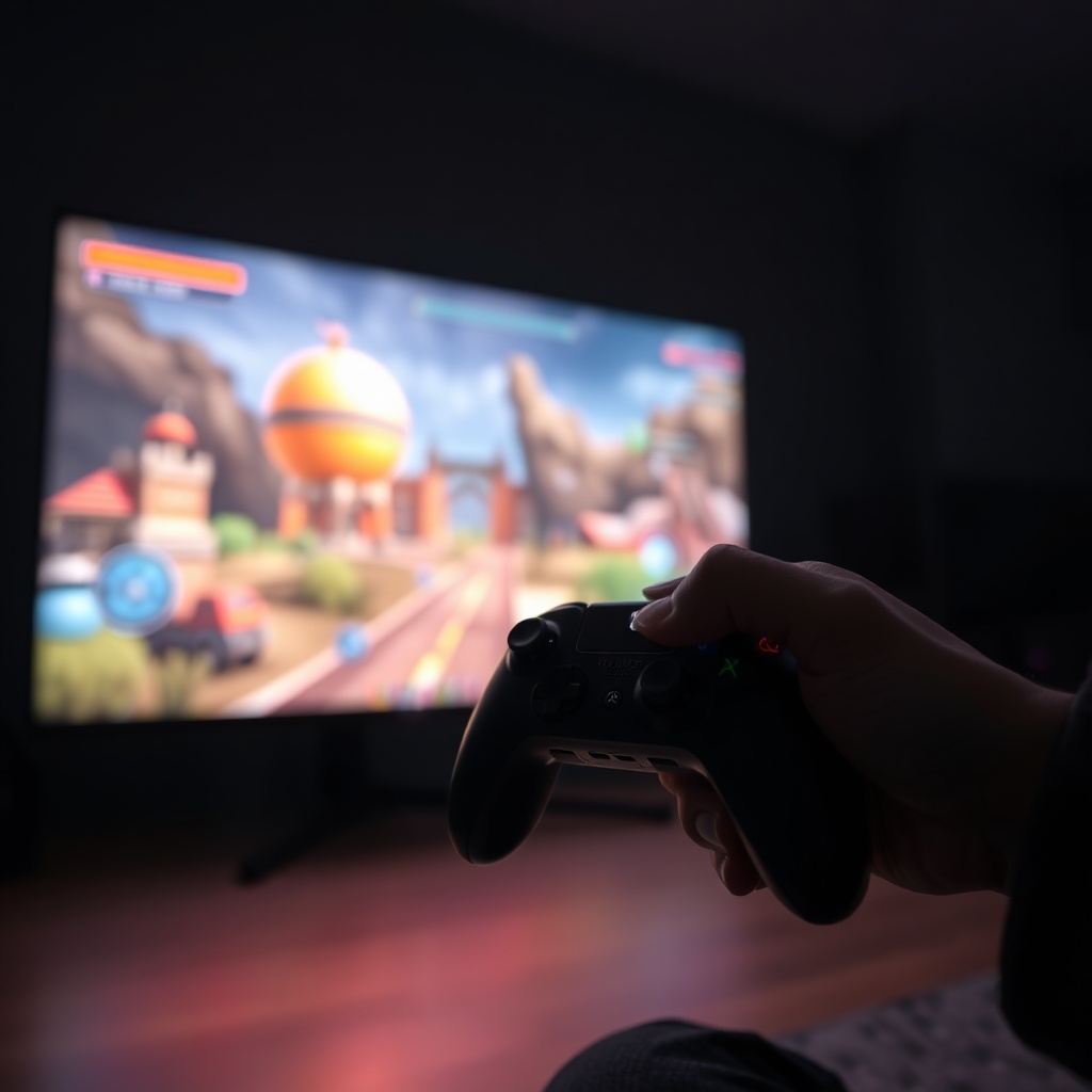 epic - A close up of a gamer holding a controller in a dimly lit room, with the reflection of a monitor showing a high qualit
