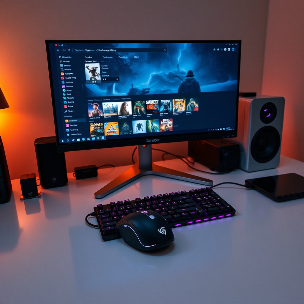 epic - A clean, organized computer desk setup with a high-end gaming mouse, a mechanical keyboard with subtle backlighting, a