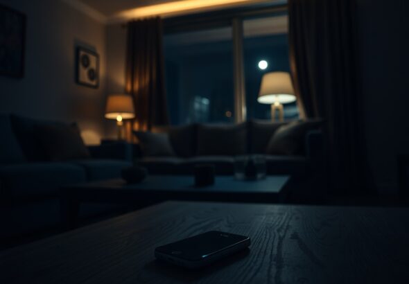 A quiet, dimly lit living room at night with a single smartphone lying face up on a wooden coffee table, soft ambient lighting, moody atmosphere, cinematic photography, high resolution.
