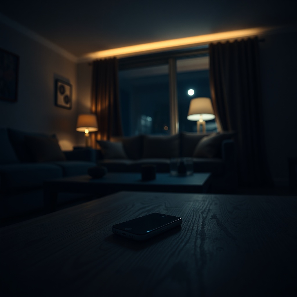 A quiet, dimly lit living room at night with a single smartphone lying face up on a wooden coffee table, soft ambient lighting, moody atmosphere, cinematic photography, high resolution.