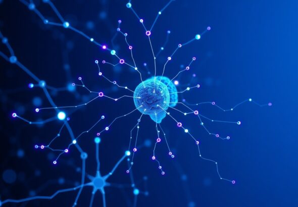 A sleek, abstract representation of a neural network with glowing nodes and interconnected pathways, deep blue and violet color palette, high-tech professional aesthetic, clean minimalist background, cinematic lighting, 8k resolution.