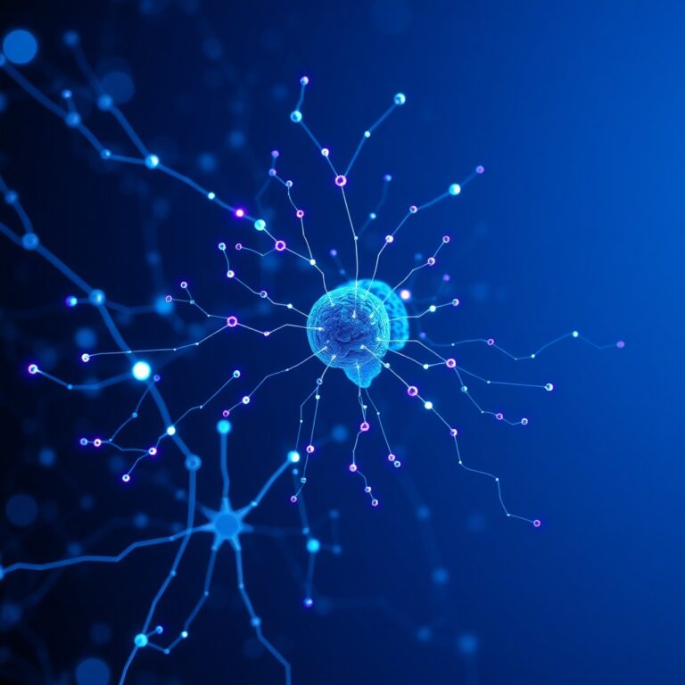 A sleek, abstract representation of a neural network with glowing nodes and interconnected pathways, deep blue and violet color palette, high-tech professional aesthetic, clean minimalist background, cinematic lighting, 8k resolution.