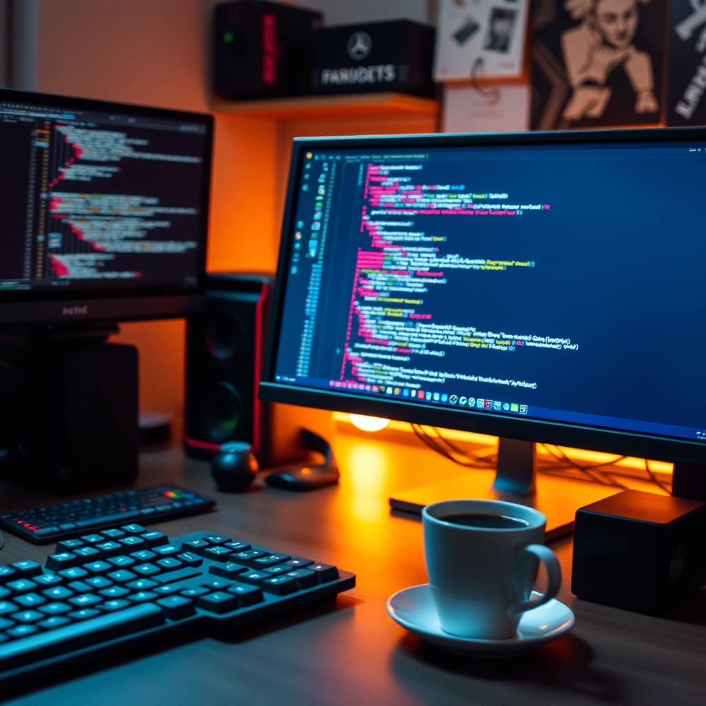 openai - A developer's workspace with a high-end monitor displaying clean code, a mechanical keyboard, a cup of coffee nearby