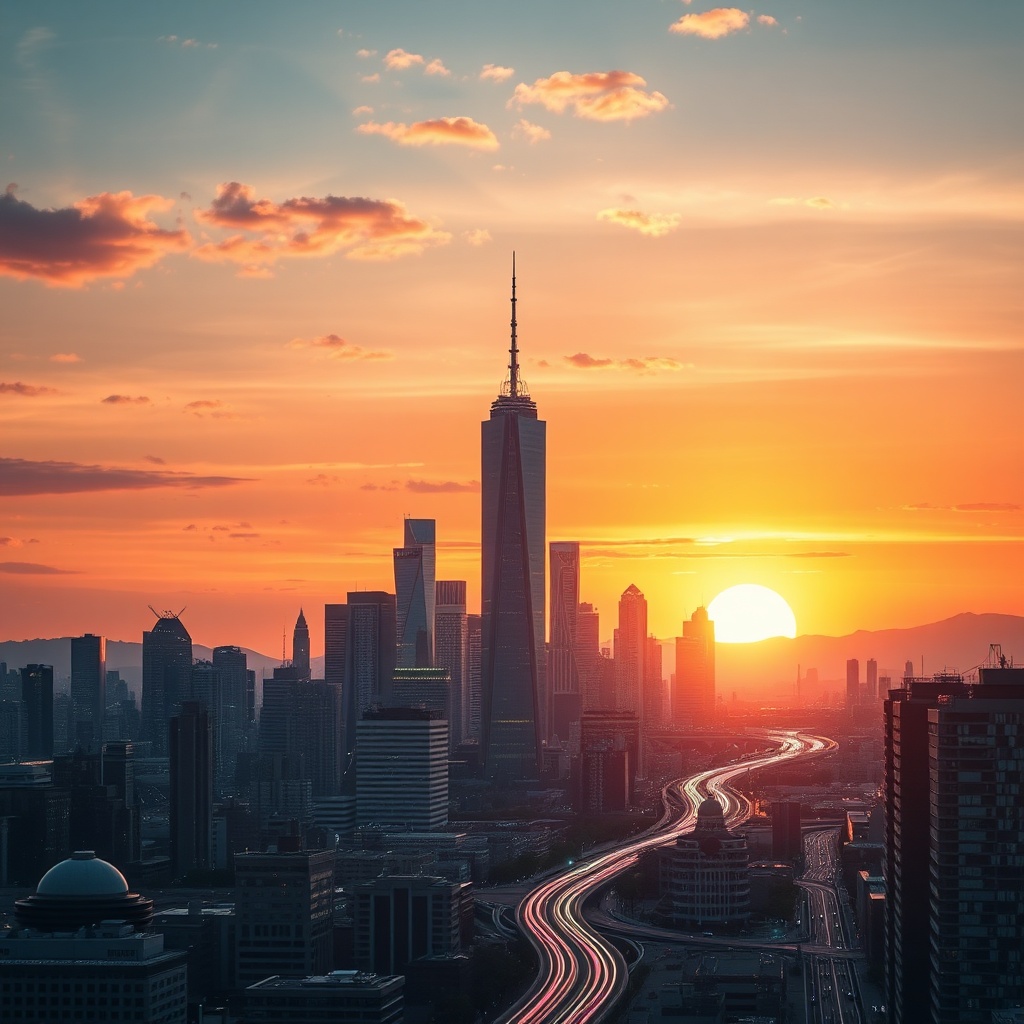 openai - A futuristic city skyline at sunset with soft digital overlays and light trails, representing the integration of AI