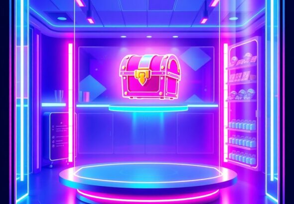 A conceptual illustration of a digital storefront interface featuring a glowing treasure chest icon floating above a sleek gaming platform, vibrant neon blue and purple color palette, high-tech aesthetic, cinematic lighting, ultra-detailed.