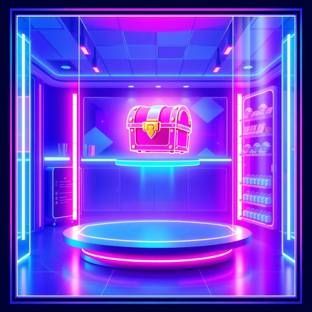 A conceptual illustration of a digital storefront interface featuring a glowing treasure chest icon floating above a sleek gaming platform, vibrant neon blue and purple color palette, high-tech aesthetic, cinematic lighting, ultra-detailed.