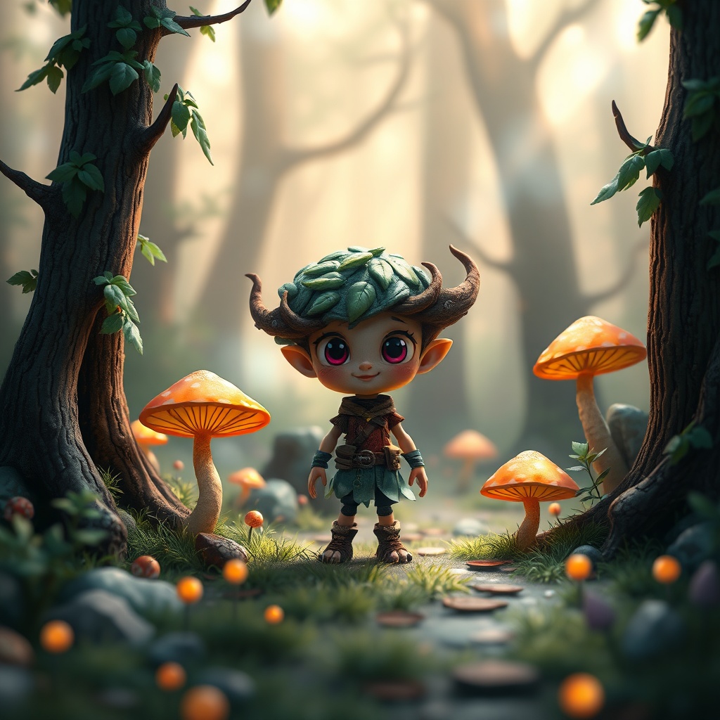 critically - A close-up shot of an intricate 2D pixel art character standing in a lush, stylized forest with glowing mushroom
