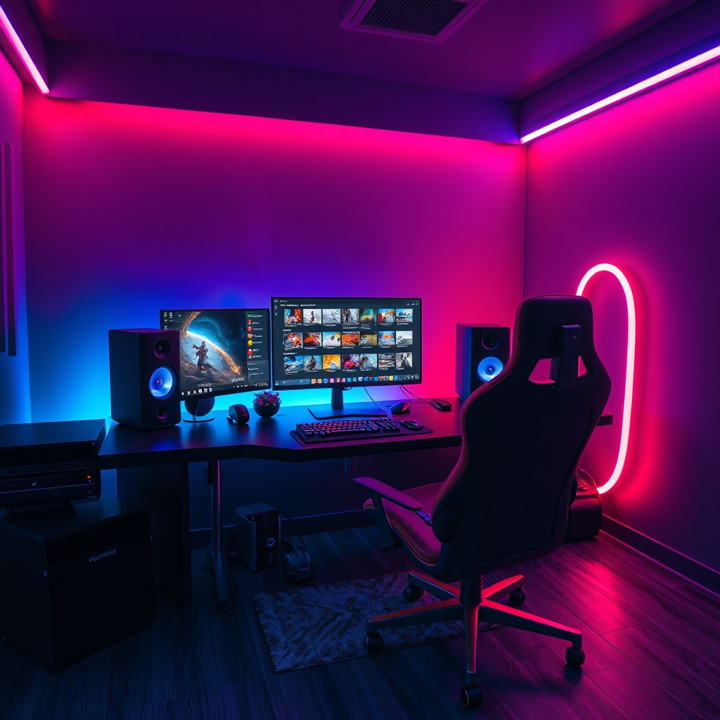 critically - A wide shot of a futuristic computer setup in a dark room with ambient RGB lighting, a monitor displaying a game
