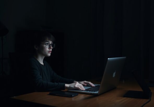 A quiet, dimly lit home office with a laptop screen glowing in the dark, a person sitting at a wooden desk with a look of stunned realization, soft shadows, moody atmosphere, realistic photography, high resolution.