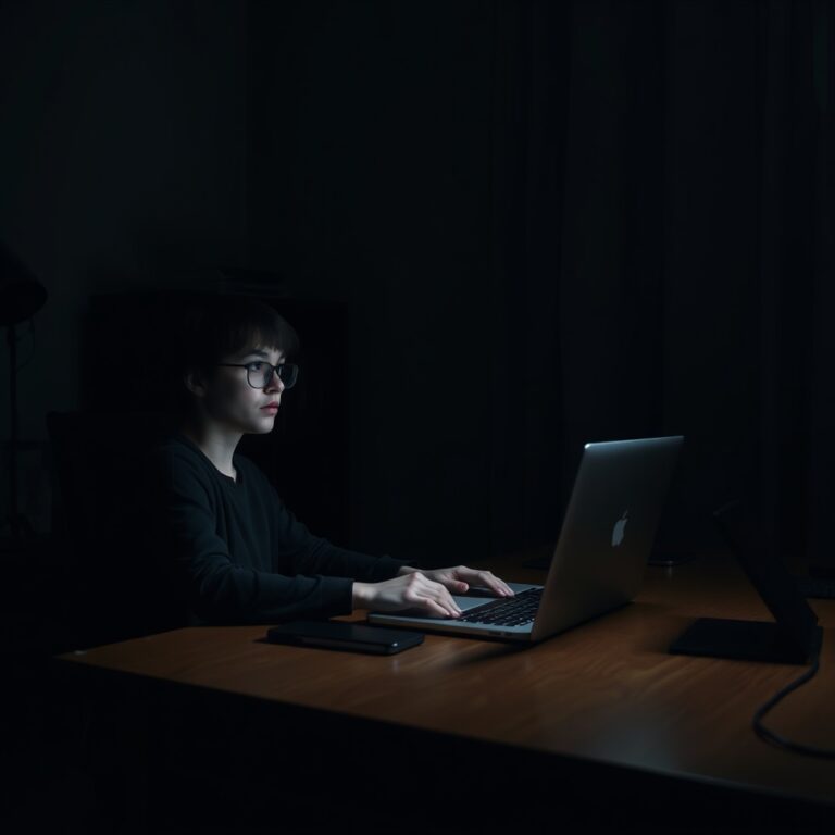 A quiet, dimly lit home office with a laptop screen glowing in the dark, a person sitting at a wooden desk with a look of stunned realization, soft shadows, moody atmosphere, realistic photography, high resolution.