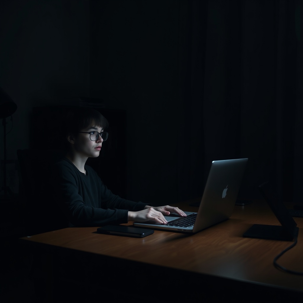A quiet, dimly lit home office with a laptop screen glowing in the dark, a person sitting at a wooden desk with a look of stunned realization, soft shadows, moody atmosphere, realistic photography, high resolution.