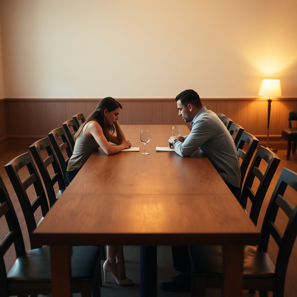 accidentally - A couple sitting at opposite ends of a long wooden dining table, avoiding eye contact, tense body language, wa