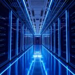 a sleek, futuristic data center interior with glowing blue fiber optic lines, professional tech aesthetic, clean lines, high resolution, cinematic lighting, conceptual representation of advanced artificial intelligence architecture