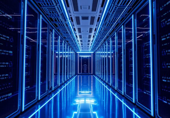 a sleek, futuristic data center interior with glowing blue fiber optic lines, professional tech aesthetic, clean lines, high resolution, cinematic lighting, conceptual representation of advanced artificial intelligence architecture