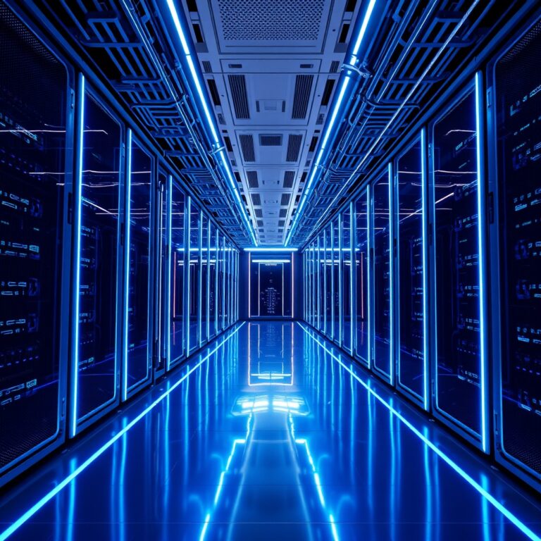 a sleek, futuristic data center interior with glowing blue fiber optic lines, professional tech aesthetic, clean lines, high resolution, cinematic lighting, conceptual representation of advanced artificial intelligence architecture