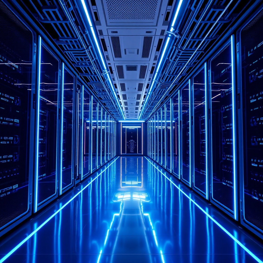 a sleek, futuristic data center interior with glowing blue fiber optic lines, professional tech aesthetic, clean lines, high resolution, cinematic lighting, conceptual representation of advanced artificial intelligence architecture