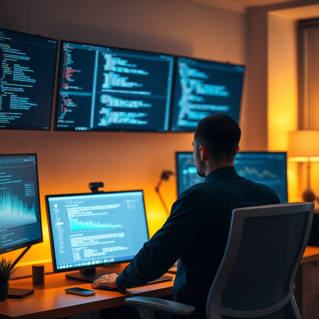 openai - a person sitting at a desk with multiple monitors displaying code and graphs, a clean modern workspace, ergonomic se