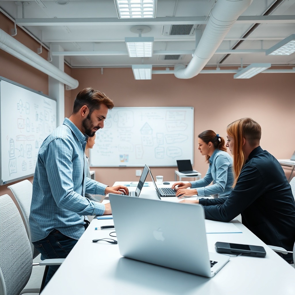 openai - a group of software engineers in a bright collaborative office space, working on laptops, whiteboards covered in dia