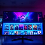 A wide angle shot of a digital storefront interface on a high-end gaming monitor, featuring vibrant game cover art, glowing neon blue and purple accents, clean minimalist UI design, cinematic lighting, ultra realistic, 8k resolution, professional tech photography style