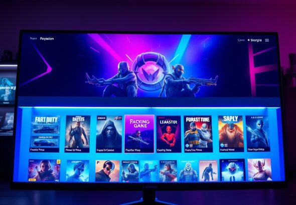A wide angle shot of a digital storefront interface on a high-end gaming monitor, featuring vibrant game cover art, glowing neon blue and purple accents, clean minimalist UI design, cinematic lighting, ultra realistic, 8k resolution, professional tech photography style