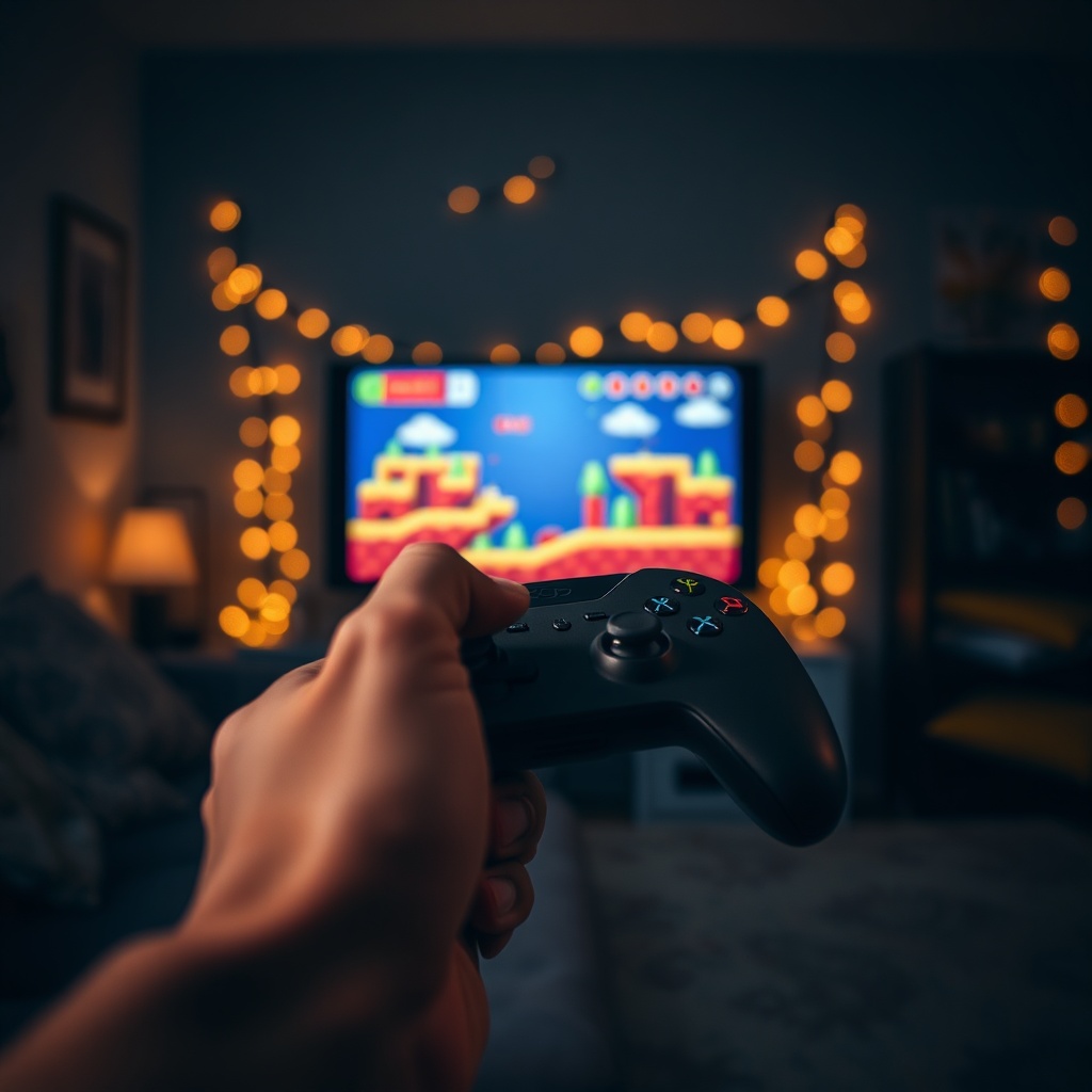 critically - A close-up of a hand holding a game controller in a dimly lit room, focusing on a vibrant screen displaying a co